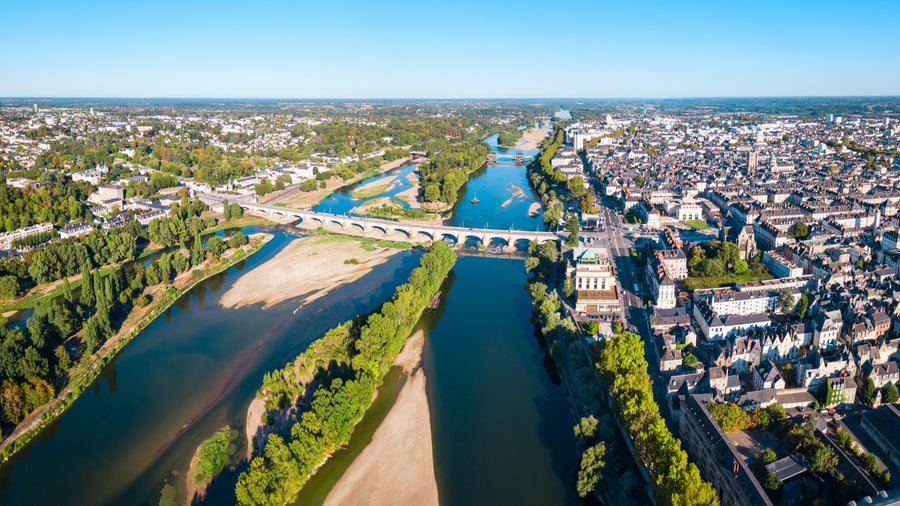 Aerial view of Tours City Center featuring Loire River and Pont Wilson, France