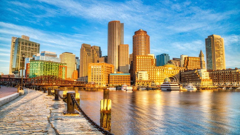 Boston Skyline with Financial District and Boston Harbor at Sunrise Panorama