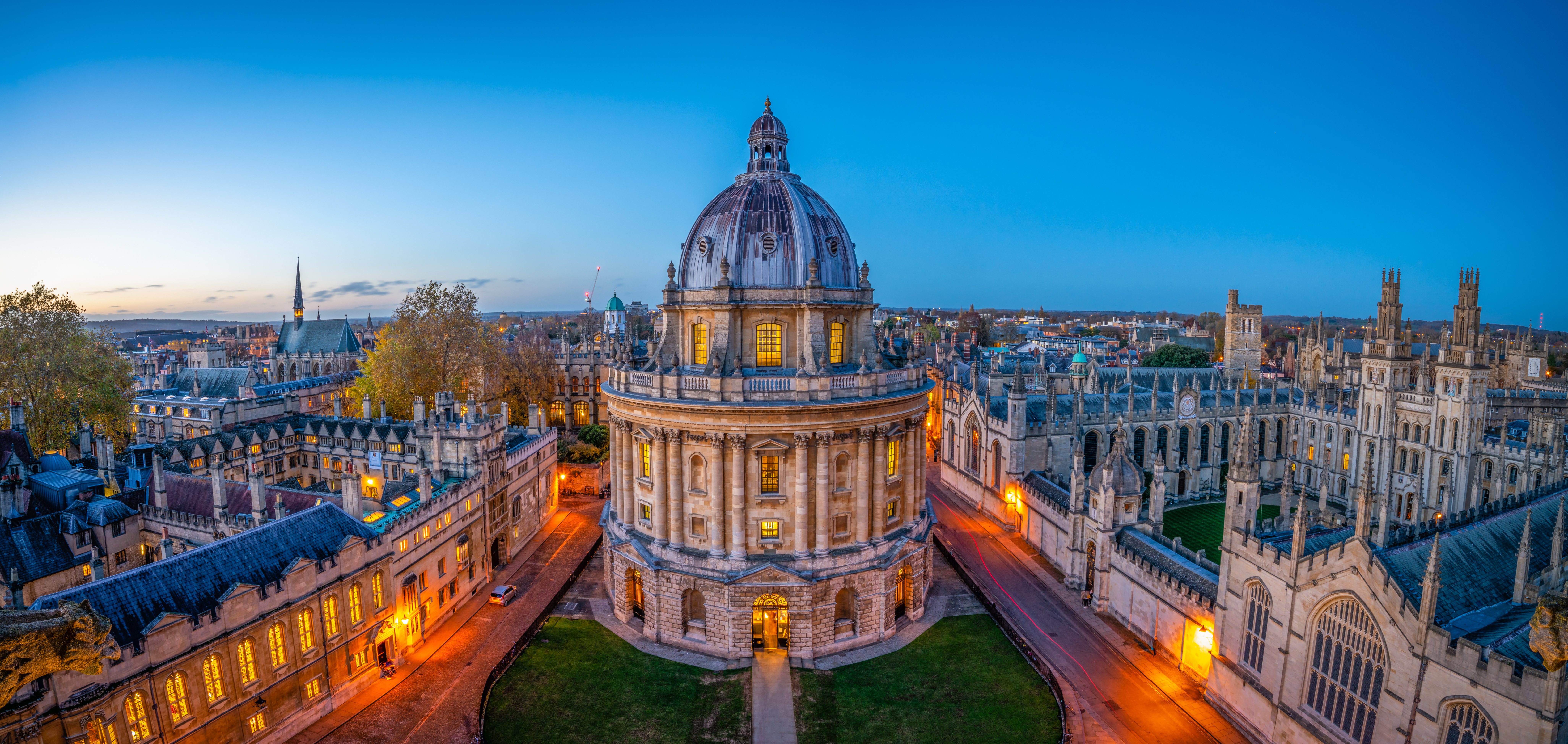 Radcliffe Camera at night during sunset with blue sky in Radcliffe Square Oxford England UK