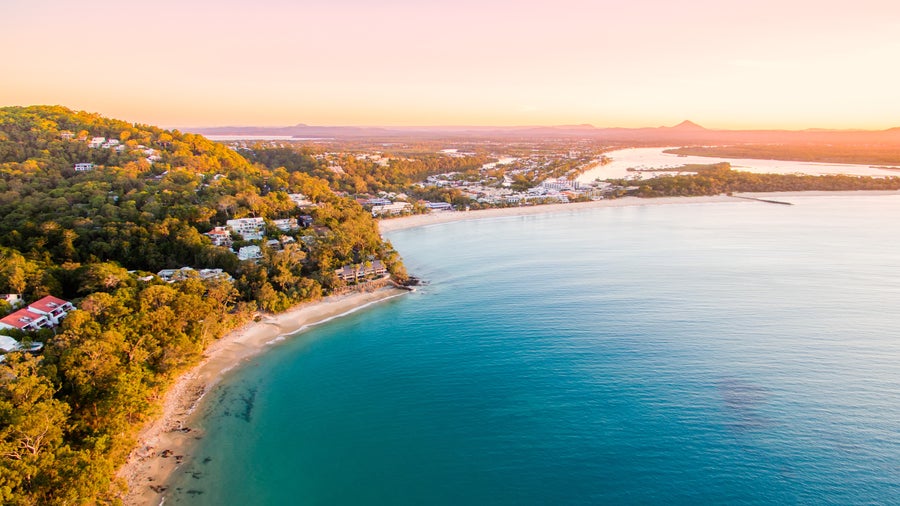 Aerial view of Noosa on Queensland's Sunshine Coast reveals a breathtaking blend of natural beauty and laid-back coastal living