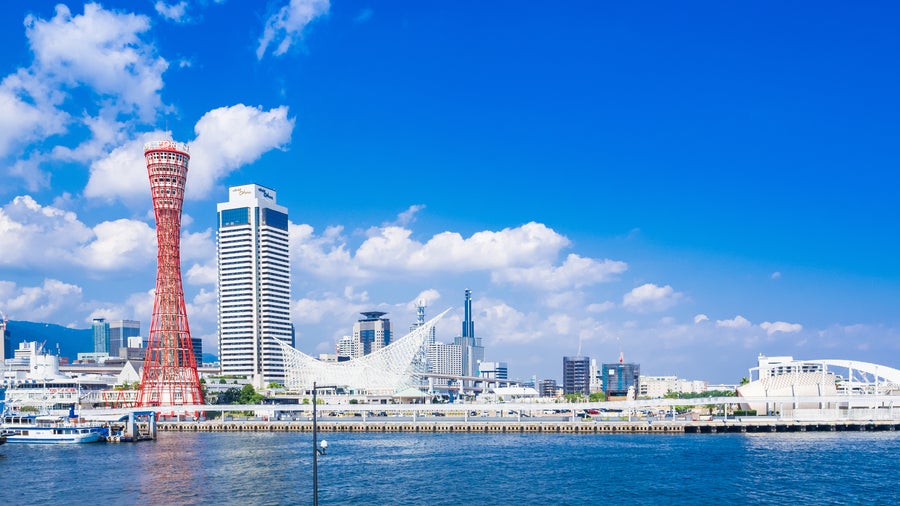 Waterfront with modern architecture and Kobe Port Tower in Kitano, Japan