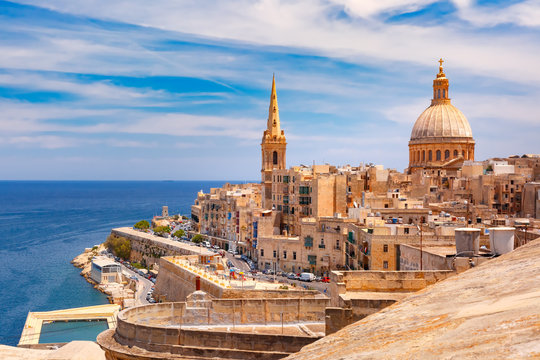 Aerial view of Valletta Malta roofs Our Lady of Mount Carmel St. Paul’s Cathedral
