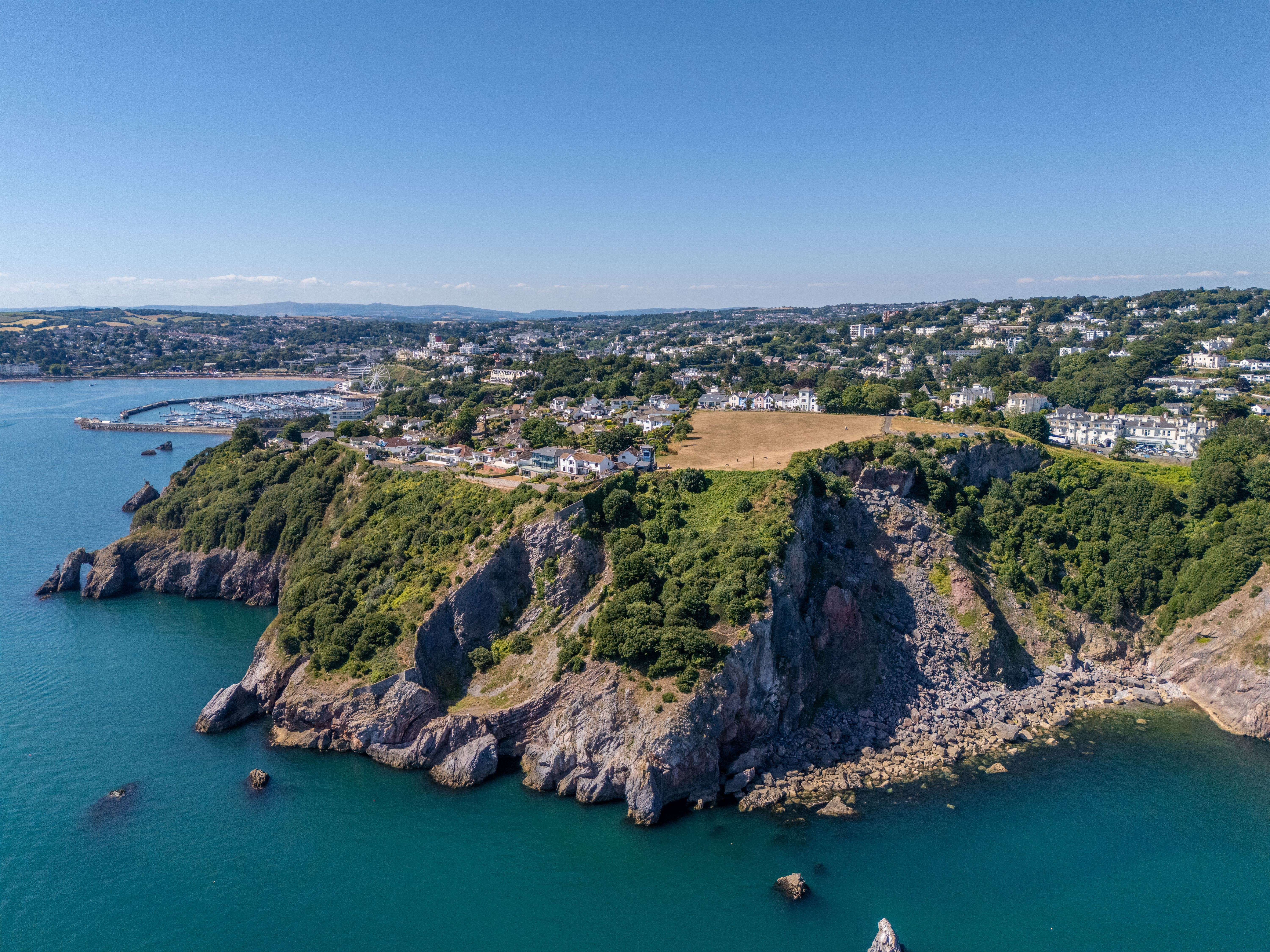 Aerial view of Torquay coastline and townscape