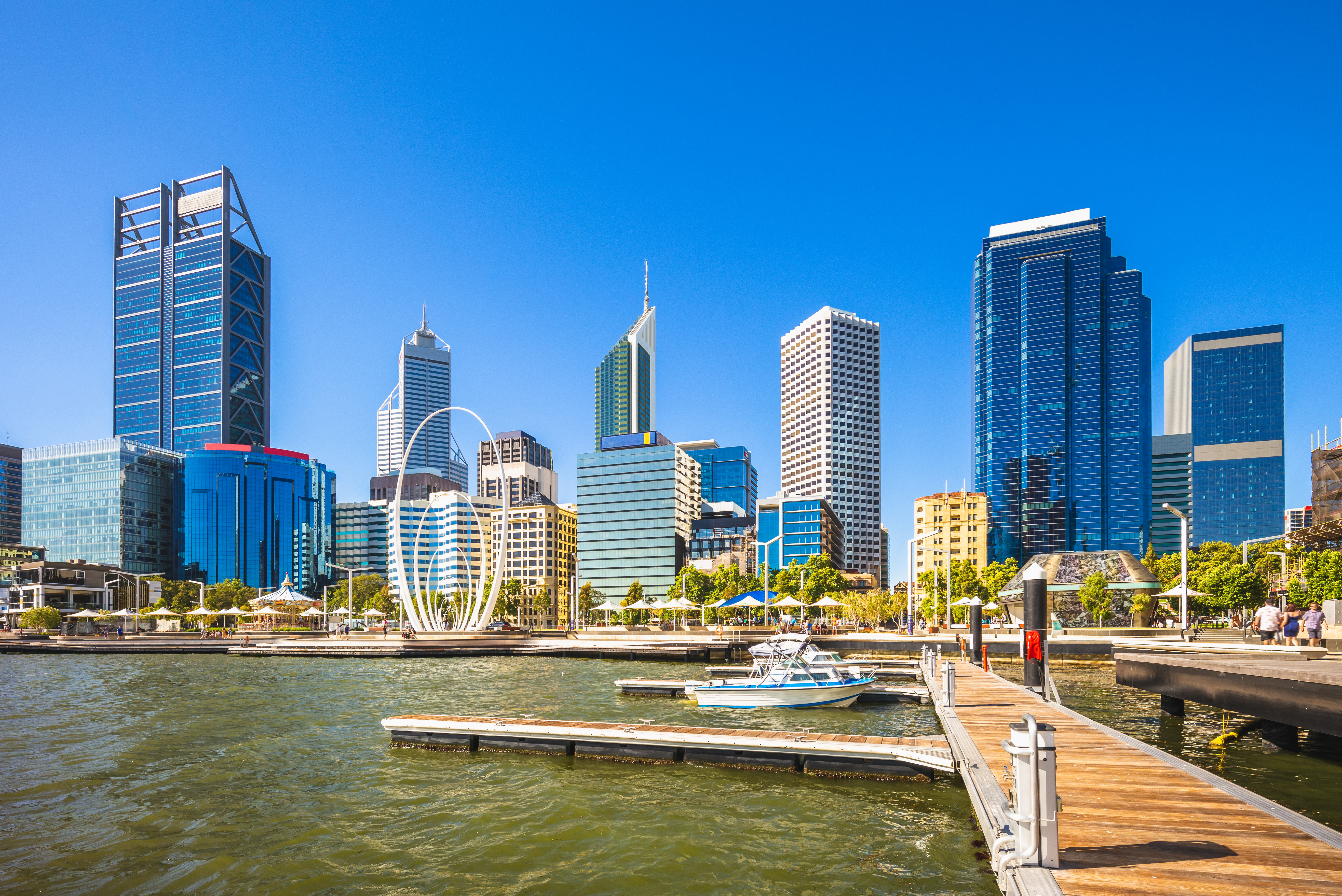 Modern City center of Perth, Australia featuring Skyscrapers, Ferris Wheels and Bridge