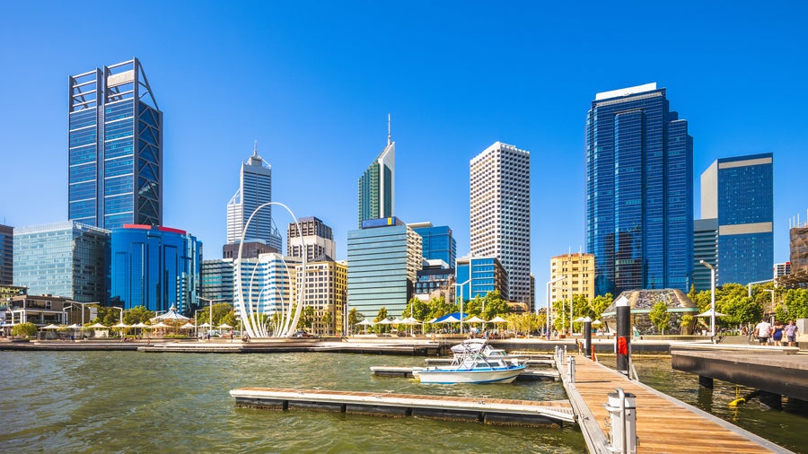 Modern City center of Perth, Australia featuring Skyscrapers, Ferris Wheels and Bridge