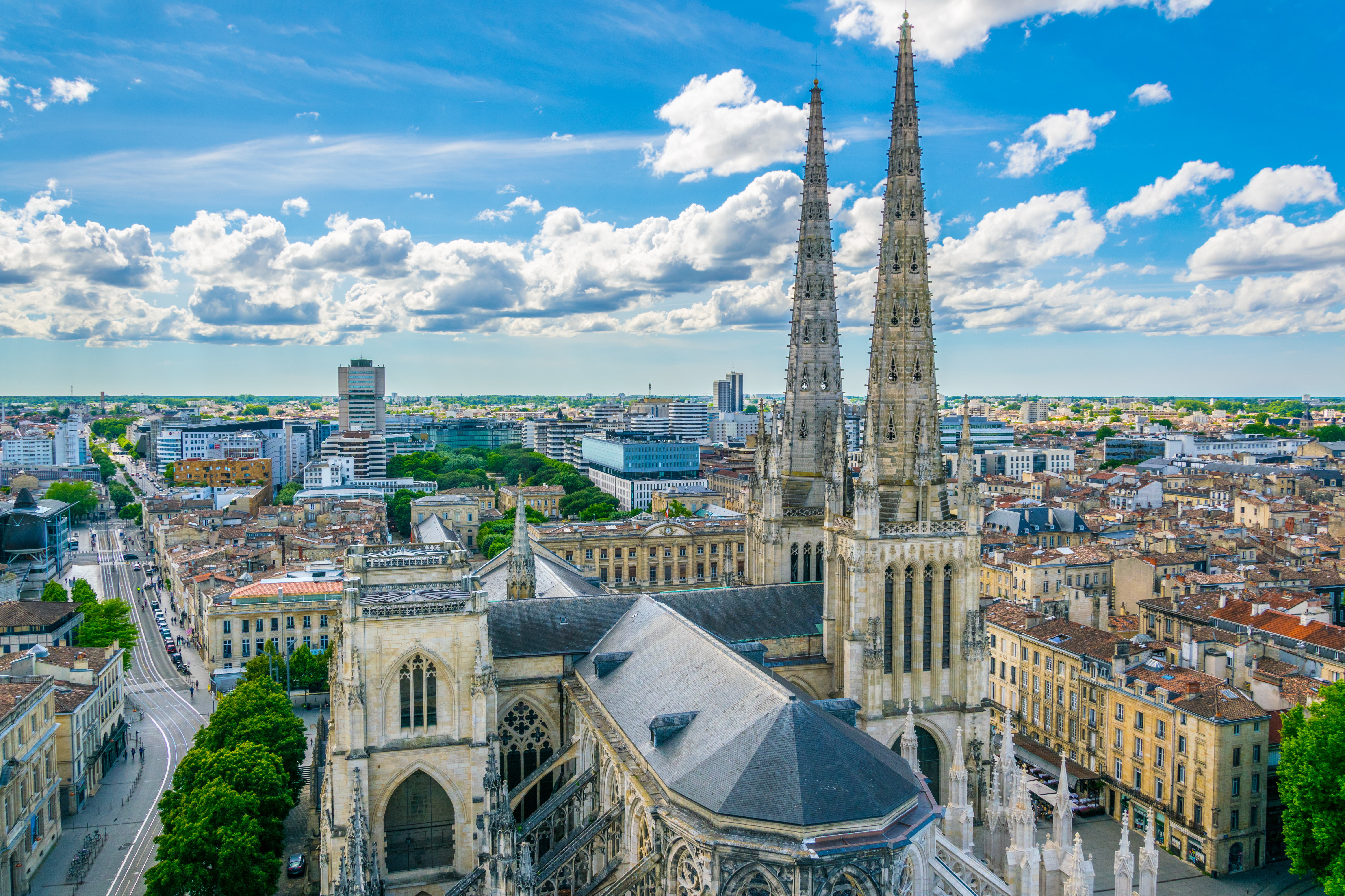 Aerial view of Bordeaux City Center featuring Bordeaux Cathedral, officially known as Cathédrale Saint-André de Bordeaux, France