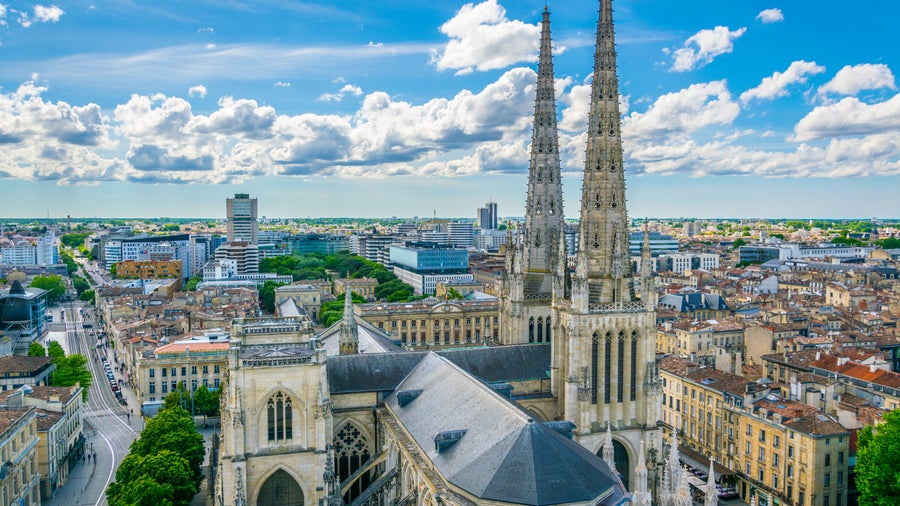 Aerial view of Bordeaux City Center featuring Bordeaux Cathedral, officially known as Cathédrale Saint-André de Bordeaux, France