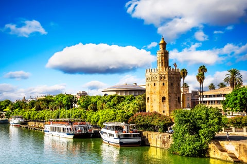 Torre del Oro, the golden tower in Sevilla, Andalusia, Spain, overlooking the Guadalquivir River