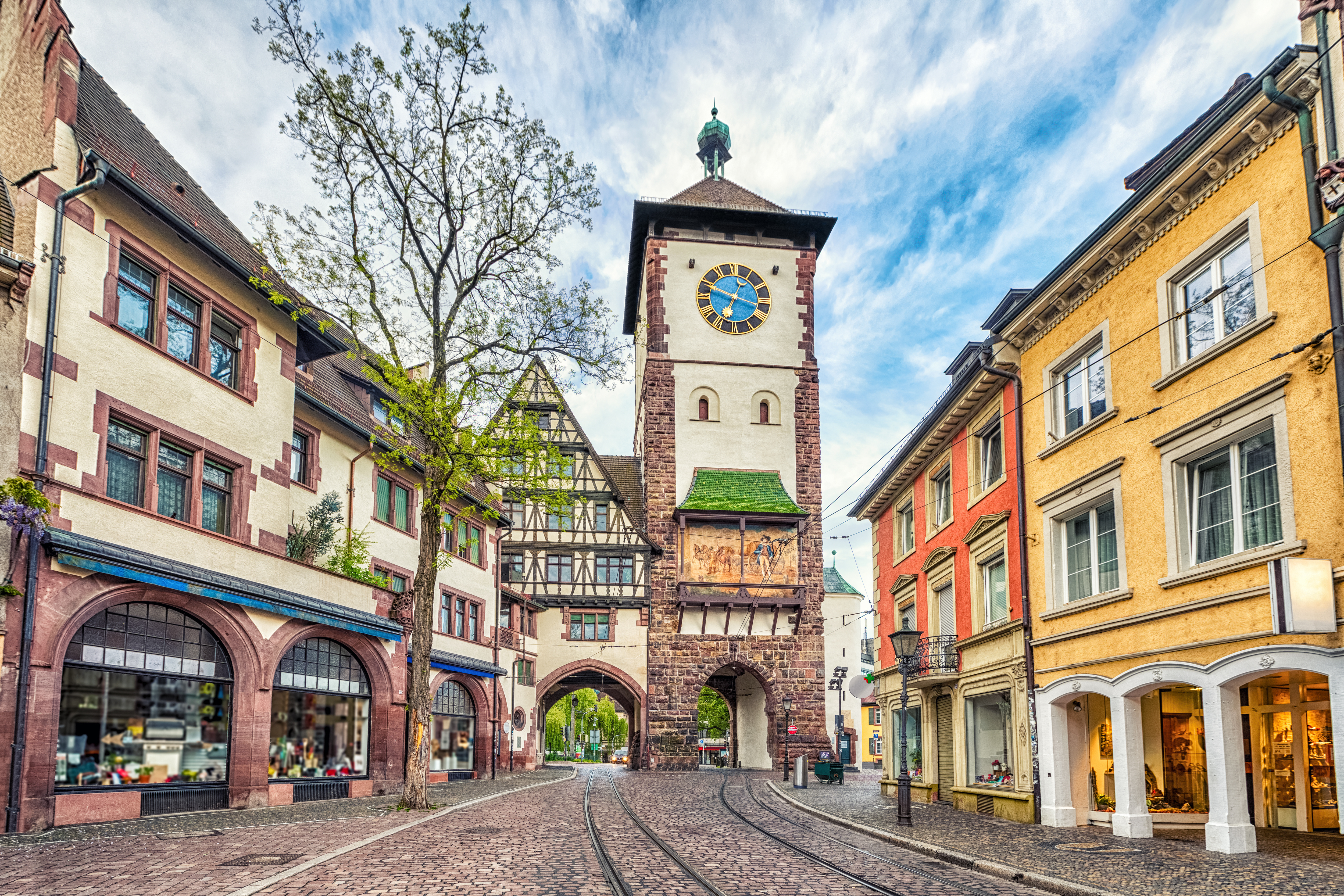 Schwabentor (Swabian Gate), preserved medieval gate, featuring a clock tower in Freiburg Historic Center, Germany