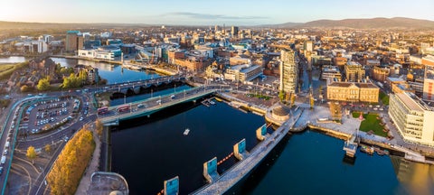 Aerial view of Belfast featuring City Hall and the Titanic Belfast and the River Lagan in Ireland