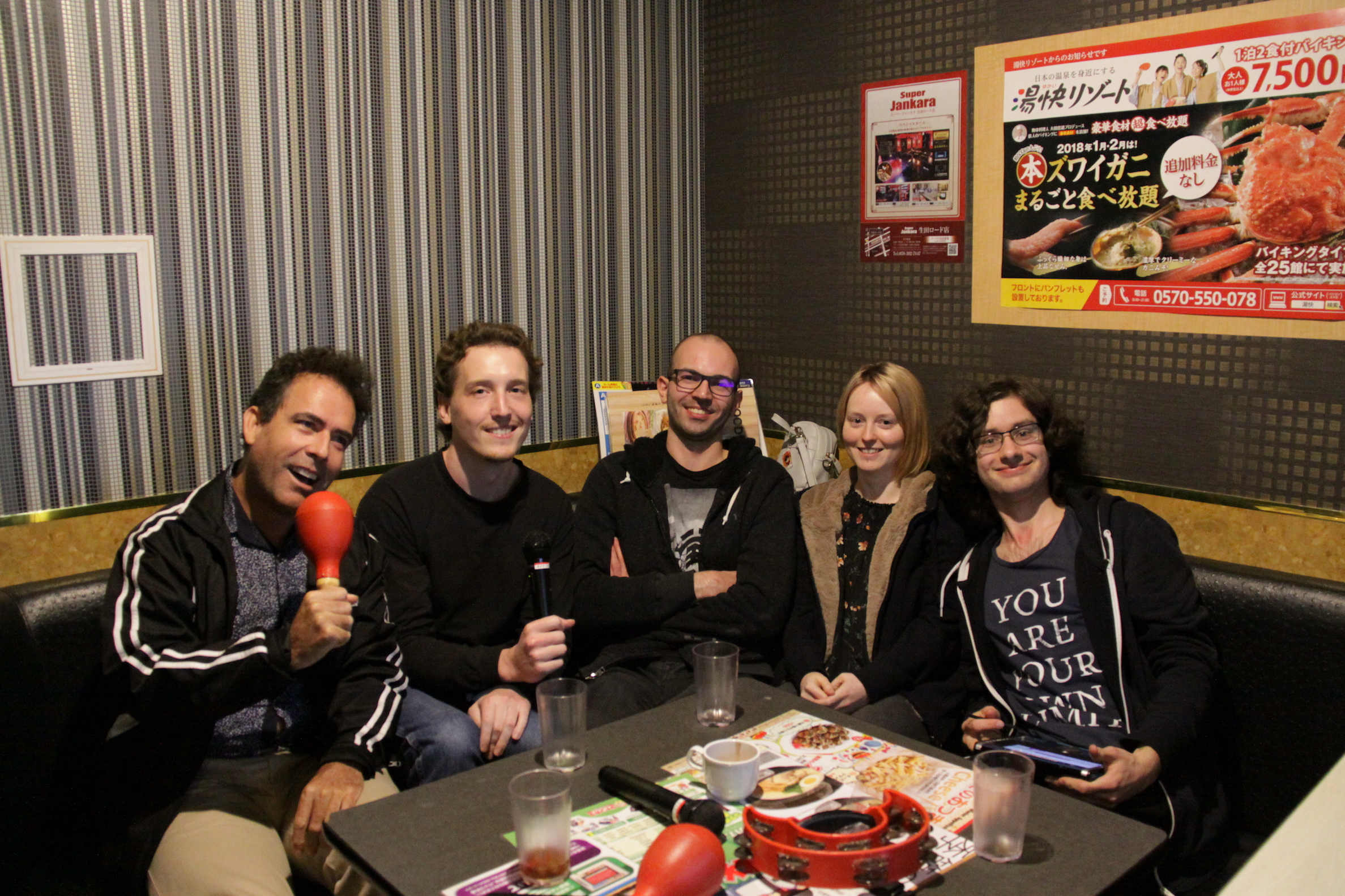Five students at a restaurant