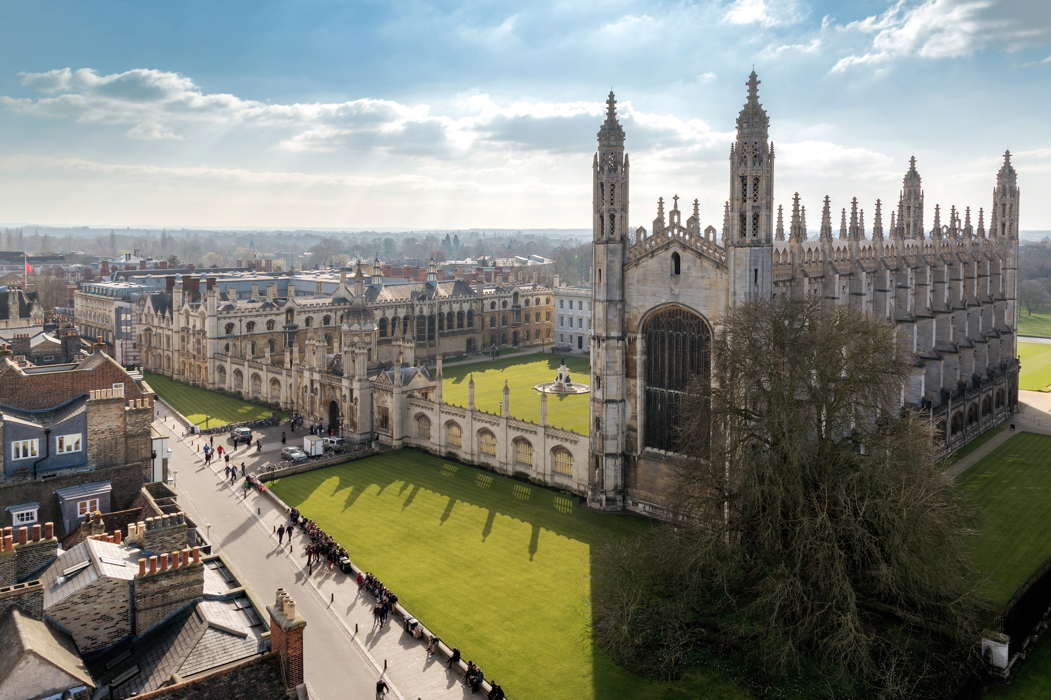 Aerial view of Cambridge University historic college buildings, Cambridge UK