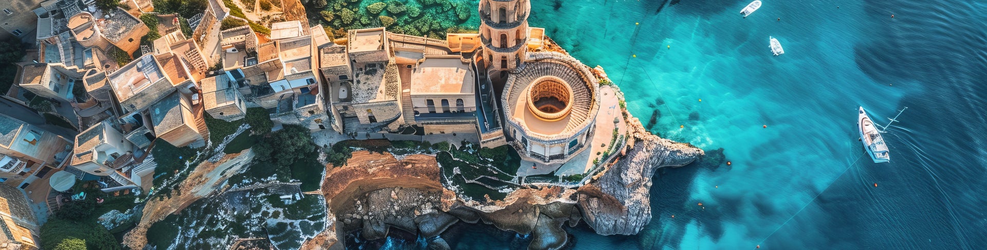Aerial view of Salina Bay, Malta, featuring the coastal waters and the historic Salina Salt Pans and Old Salt Store near the sea