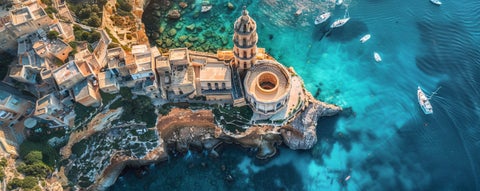 Aerial view of Salina Bay, Malta, featuring the coastal waters and the historic Salina Salt Pans and Old Salt Store near the sea