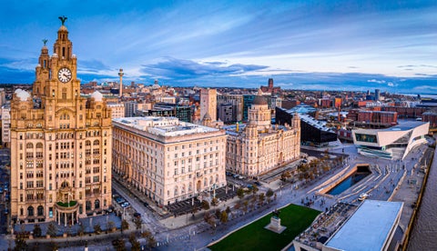 Liverpool skyline with The Three Graces: Royal Liver, Cunard, and Port of Liverpool Buildings