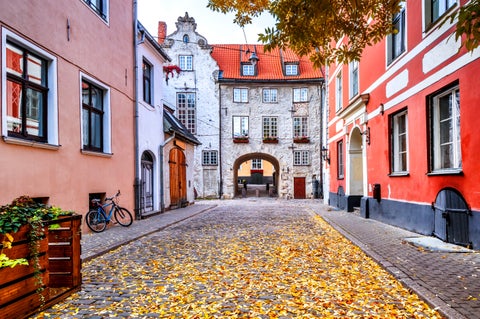 Empty streets of Riga City Center with Fall leaves in Latvia