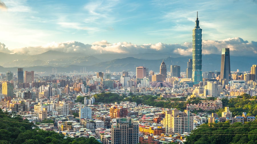 Panoramic view of Taipei City, Taiwan, featuring Taipei 101 and other modern skyscrapers