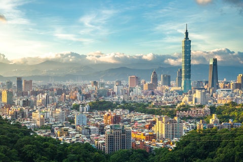 Panoramic view of Taipei City, Taiwan, featuring Taipei 101 and other modern skyscrapers