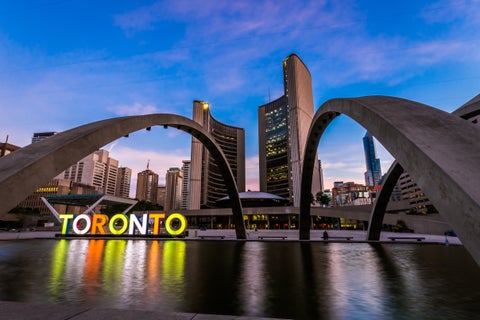 View of Toronto City Hall building during sunrise, Canada