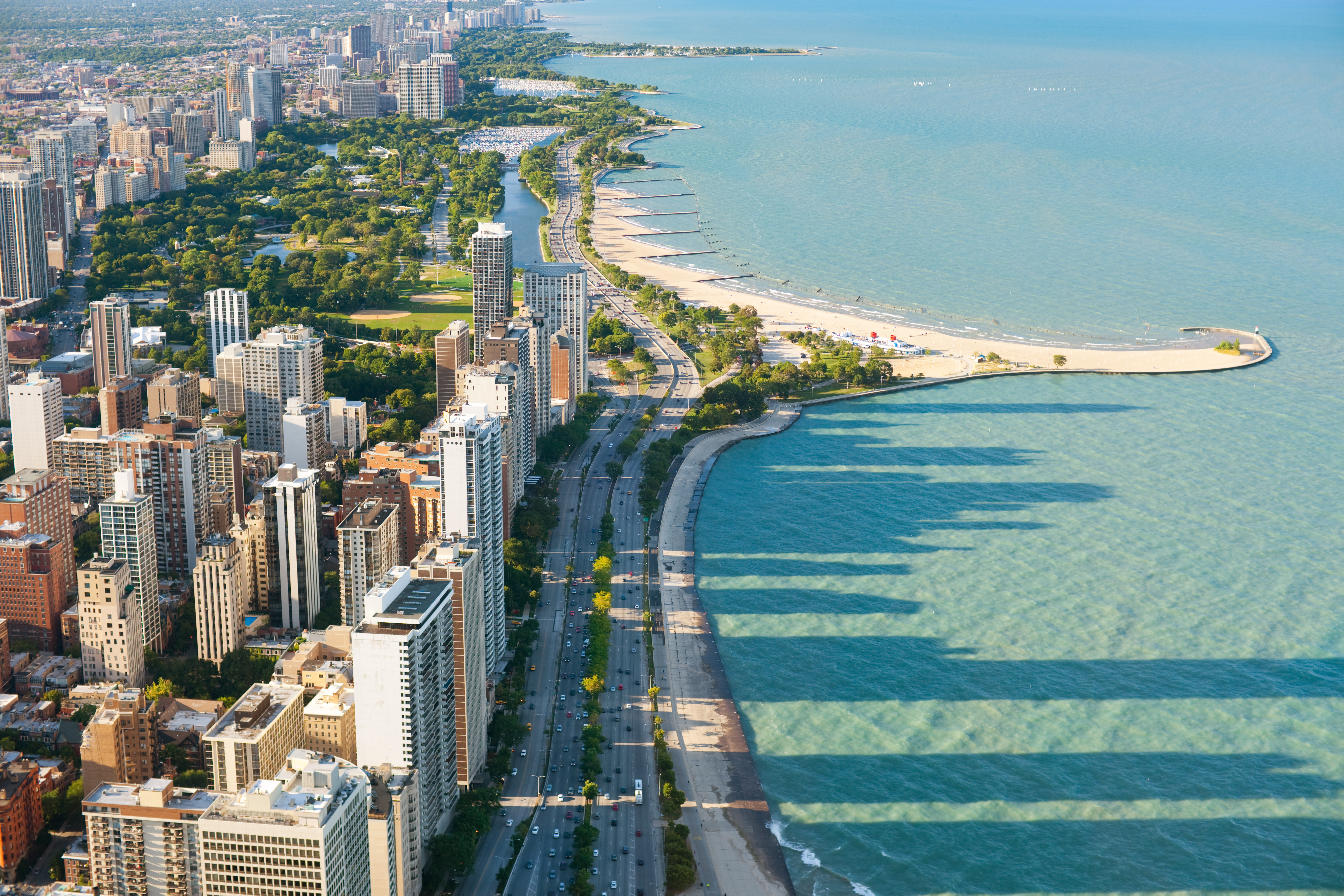 Aerial view of lake Michigan and city of Chicago downtown skyscrapers