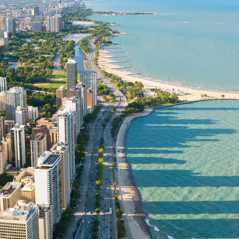 Aerial view of lake Michigan and city of Chicago downtown skyscrapers
