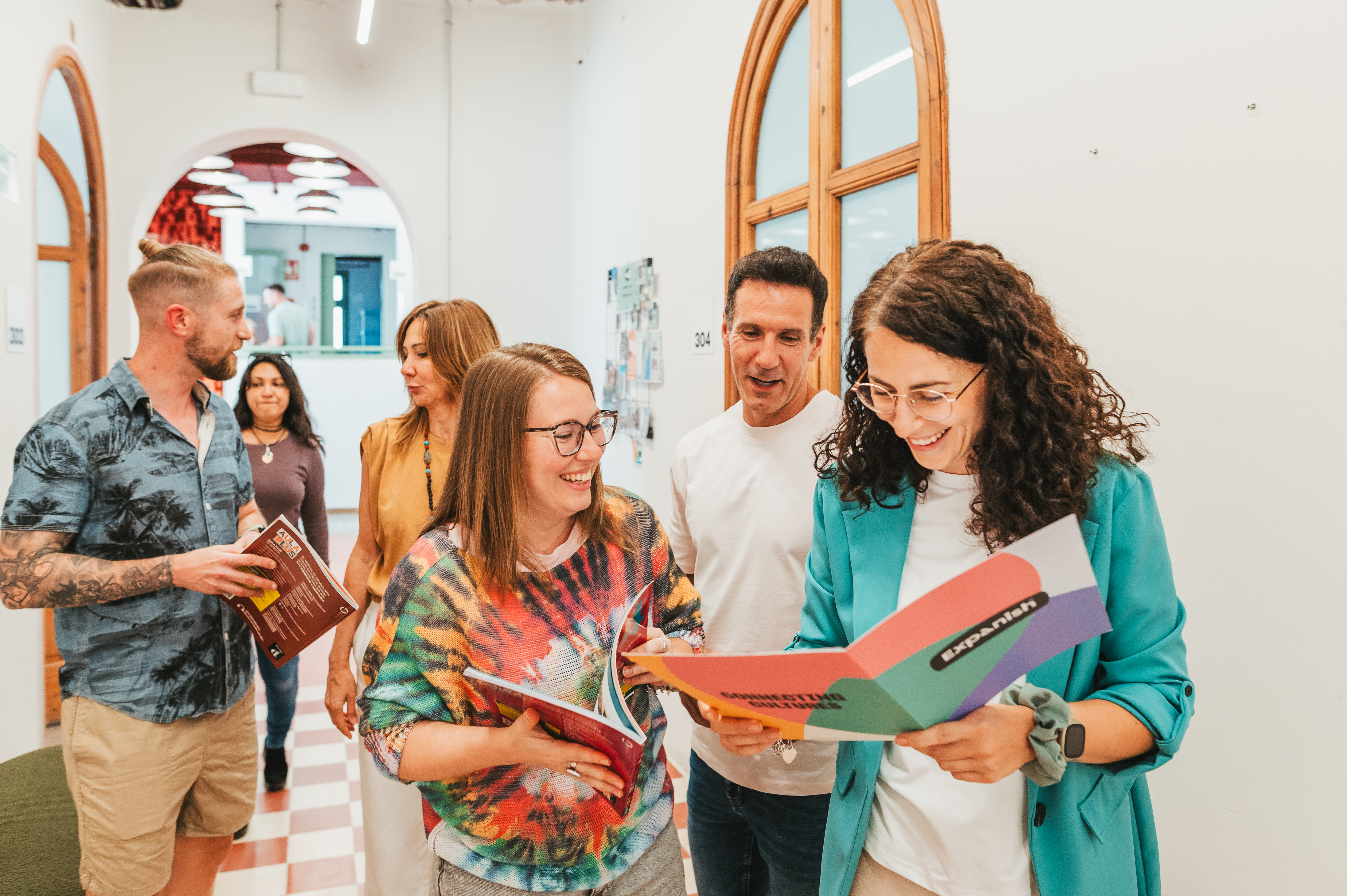 A group of students in the school's hallway