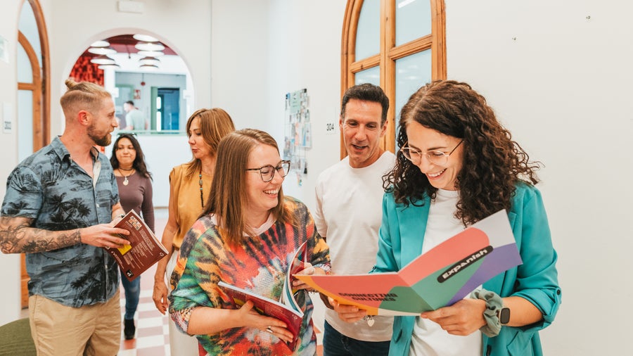 A group of students in the school's hallway