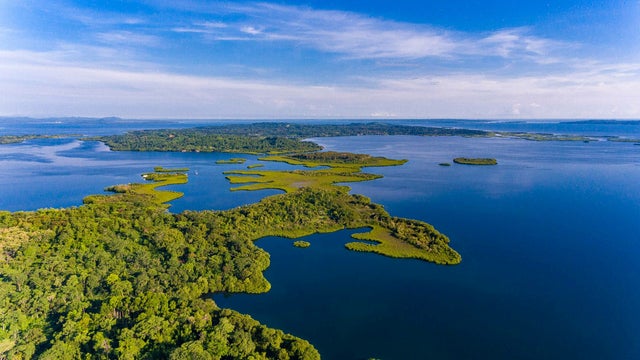 Aerial view of lush green islands and turquoise waters of the Caribbean Sea in the Bocas del Toro Archipelago, Panama