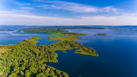 Aerial view of lush green islands and turquoise waters of the Caribbean Sea in the Bocas del Toro Archipelago, Panama