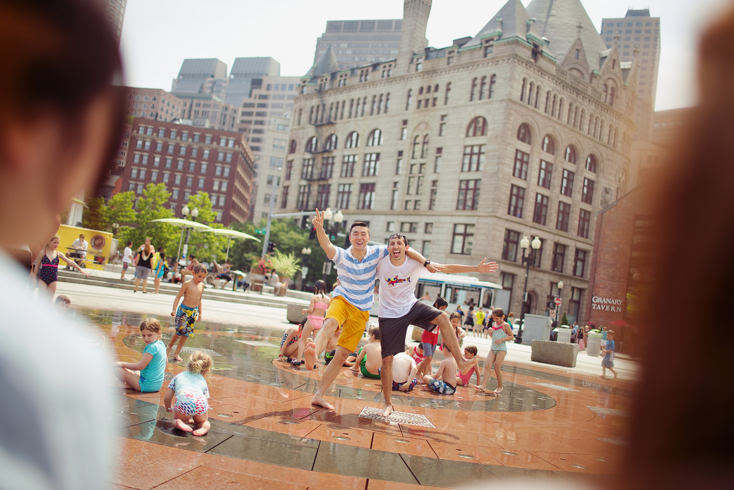 Two students in a fountain in Boston