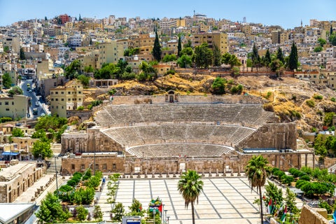 An aerial view of the Roman Theatre in Amman, the grand ancient amphitheater nestled in the heart of the city, in Jordan