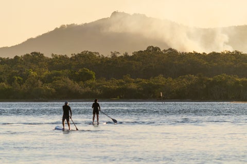 users riding Standup Paddleboards (SUPs) enjoy the beautiful Noosa River against the background of the Sunshine Coast hinterland in Queensland, Australia