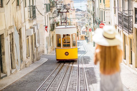 Lisbon's Gloria funicular connects downtown with Bairro Alto, Portugal