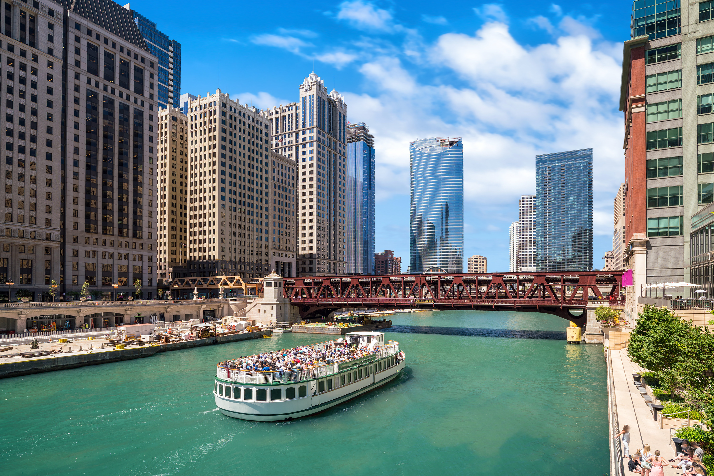 Ferry boat on Lake Michigan with view of Chicago downtown skyline and modern skyscrapers