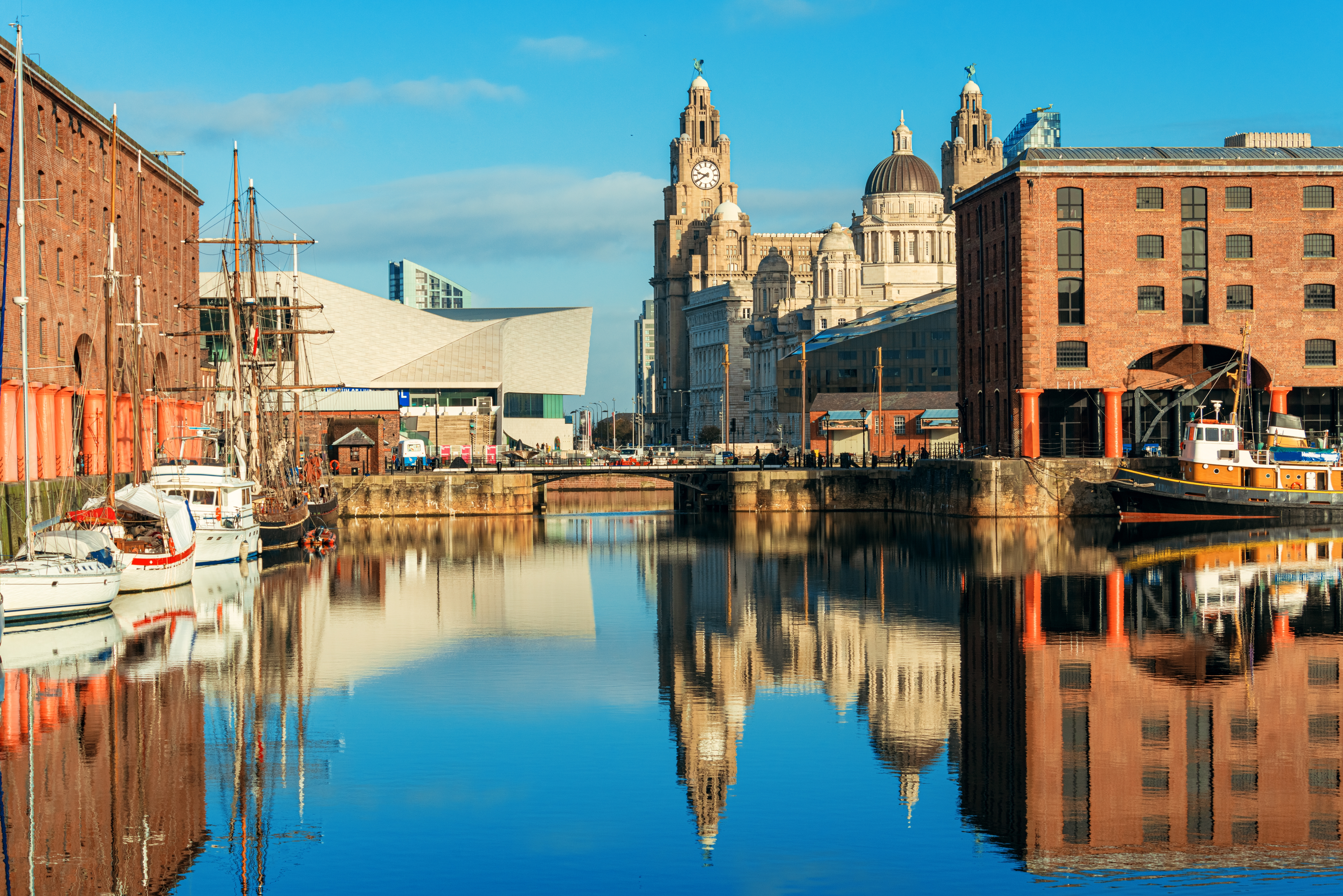 Liverpool City Center with historic and modern buildings along the River Mersey waterfront