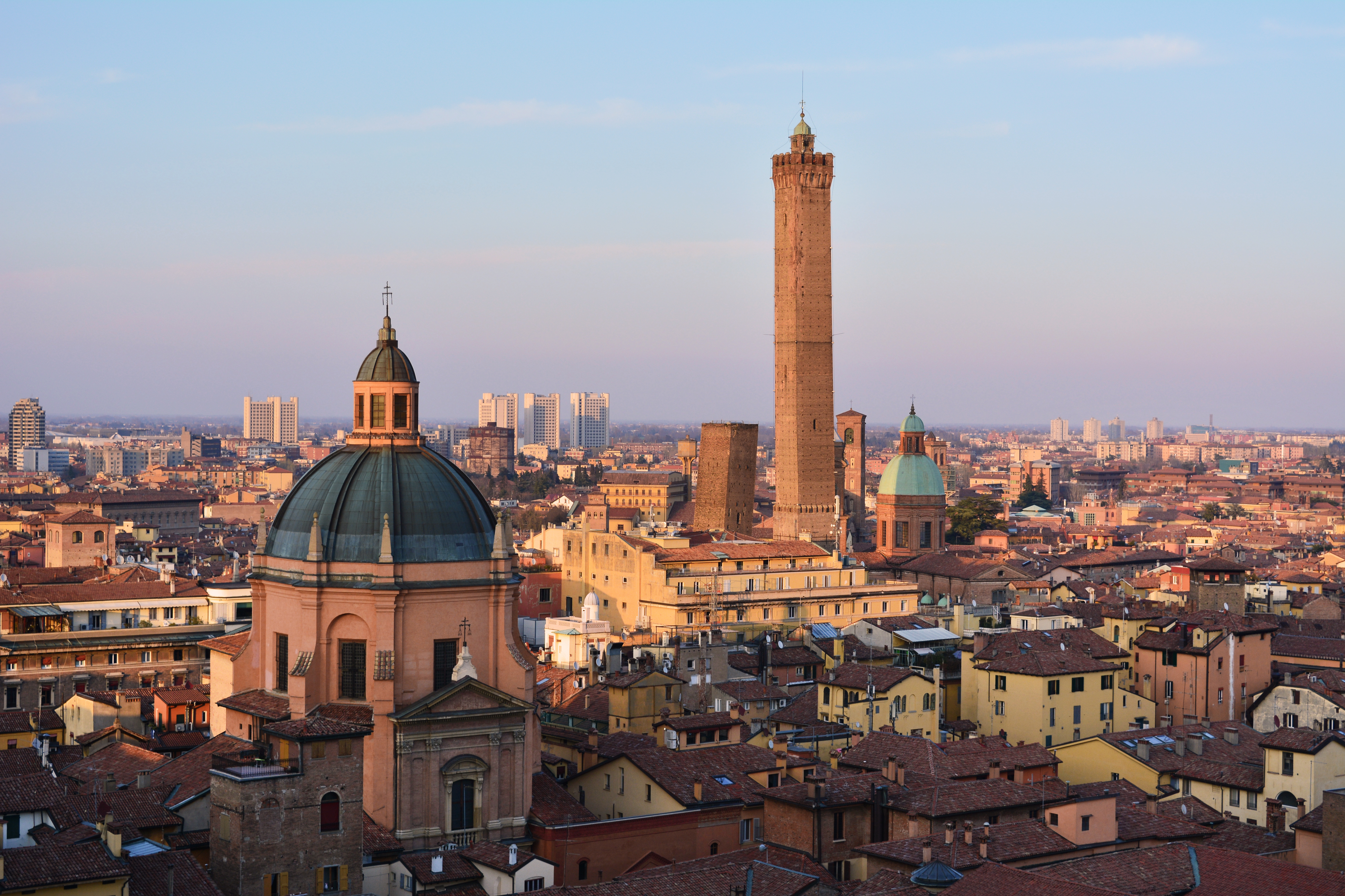Aerial view of Bologna from the Basilica di San Petronio with its a picturesque panorama of the city's historic center