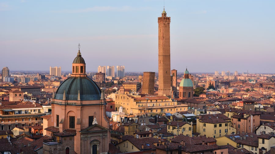 Aerial view of Bologna from the Basilica di San Petronio with its a picturesque panorama of the city's historic center