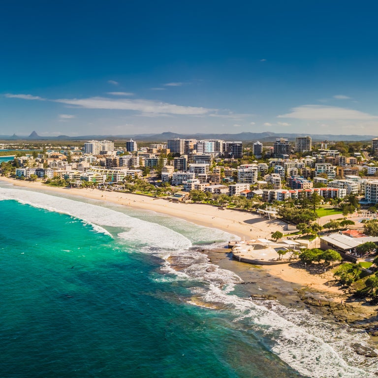 Aerial panoramic view of ocean waves on a Kings beach, Caloundra, Queenslan