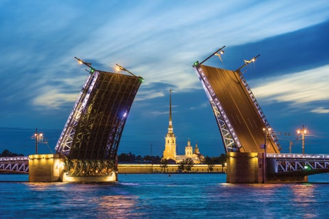 Palace Bridge opening at night in Saint Petersburg, Russia