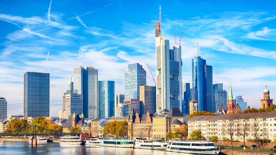 The Main River, connecting the city center to the Sachsenhausen district with modern skyscrapers in the background at Frankfurt, Germany
