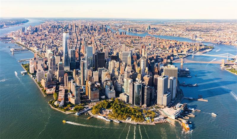 aerial panorama of Lower Manhattan in New York City