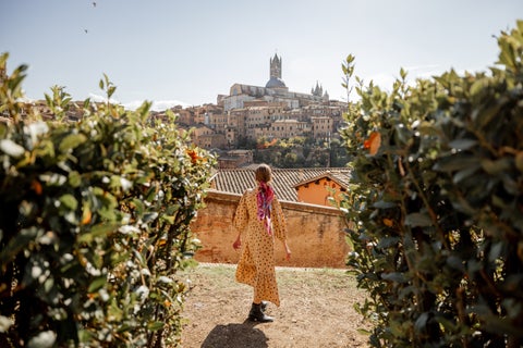 Tourist enjoying the view of Siena City Center with historic buildings in Italy