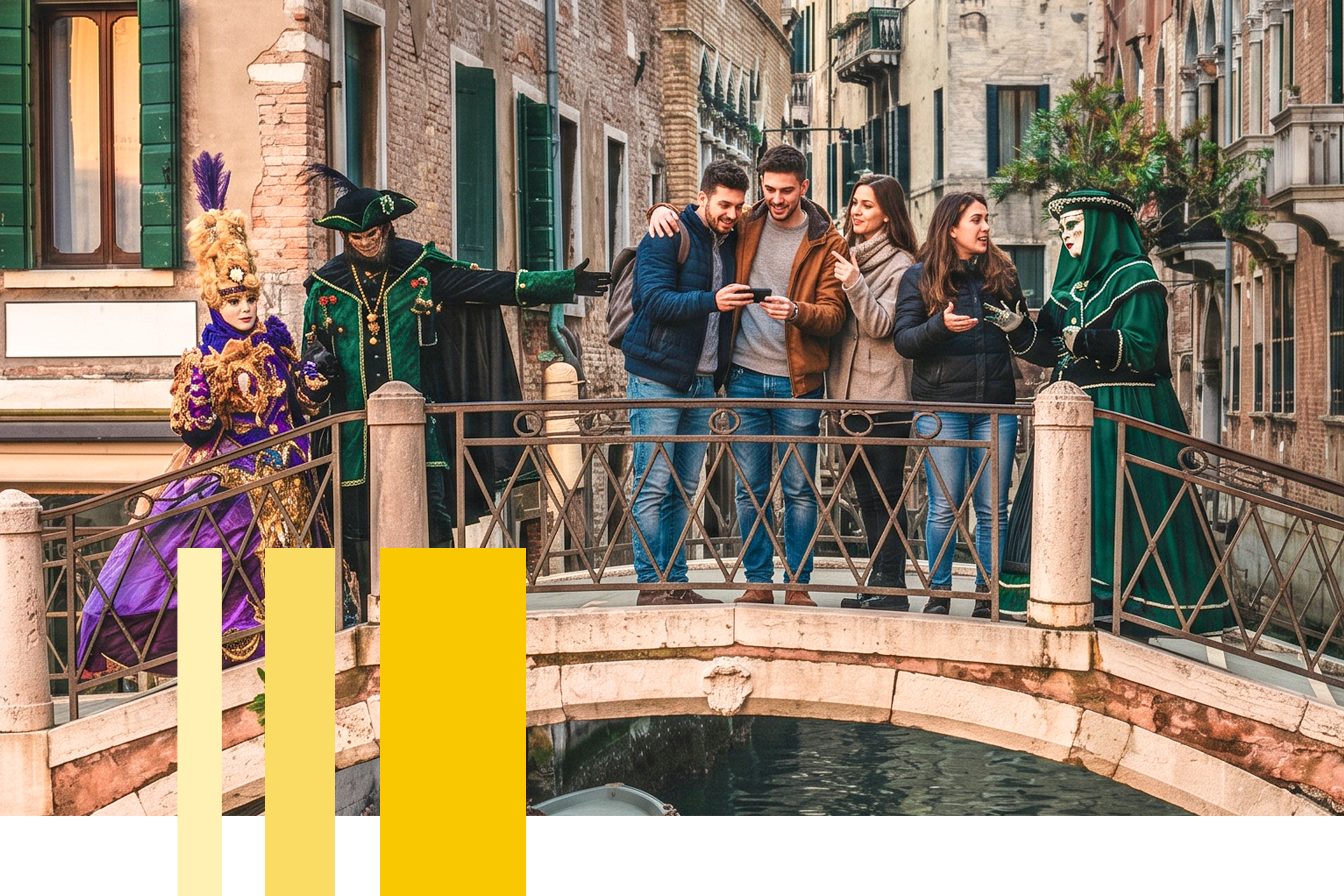 A group of diverse international students talking and smiling together while leaning on a stone railing overlooking a scenic cityscape of Florence, Italy, with the iconic Duomo cathedral dome visible in the background, representing a language study abroad experience.