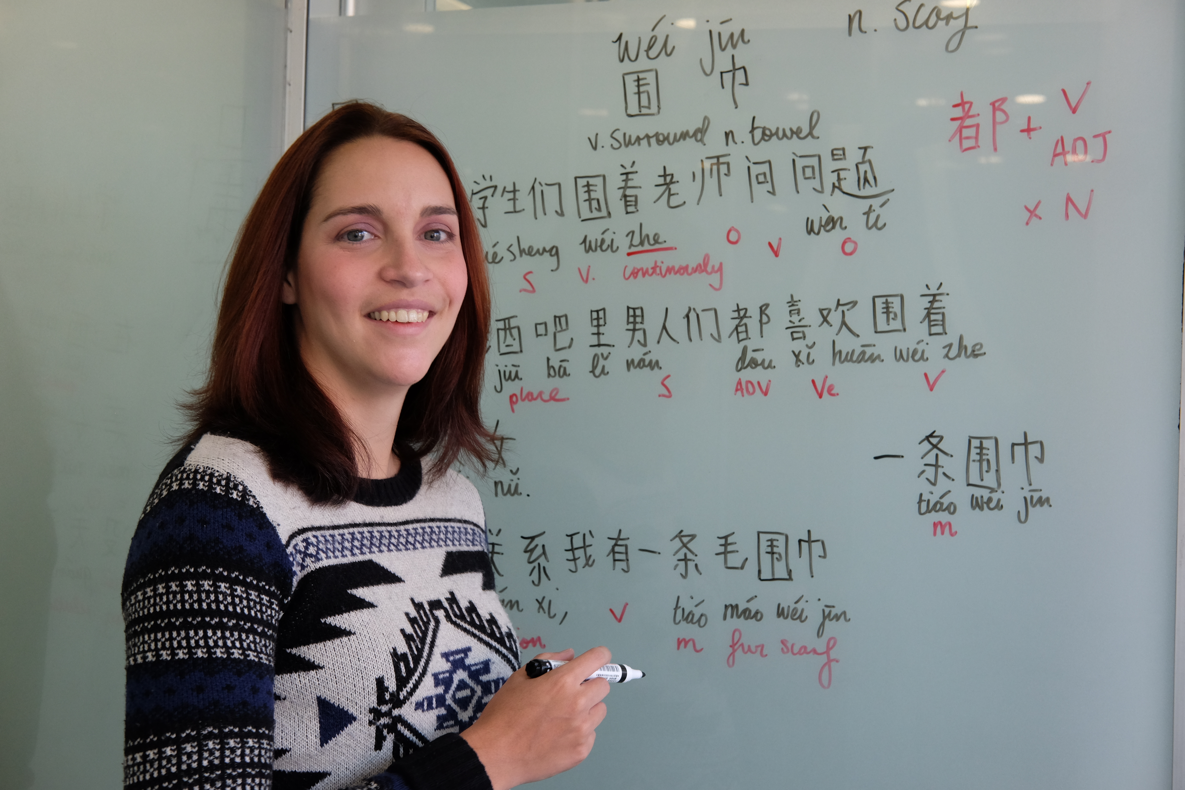 A student writing on the white board at LTL Beijing