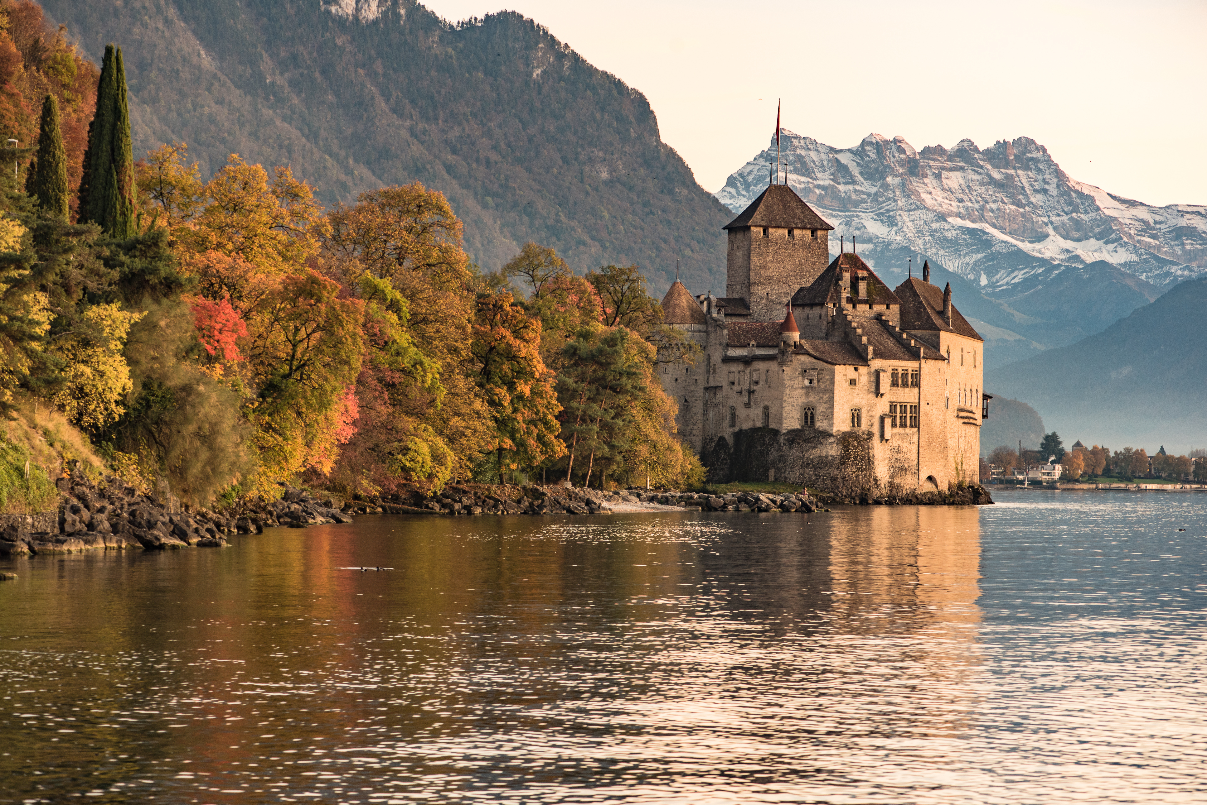 Sunny summer morning view of Montreux city in Switzerland from the embankment along Lake Geneva