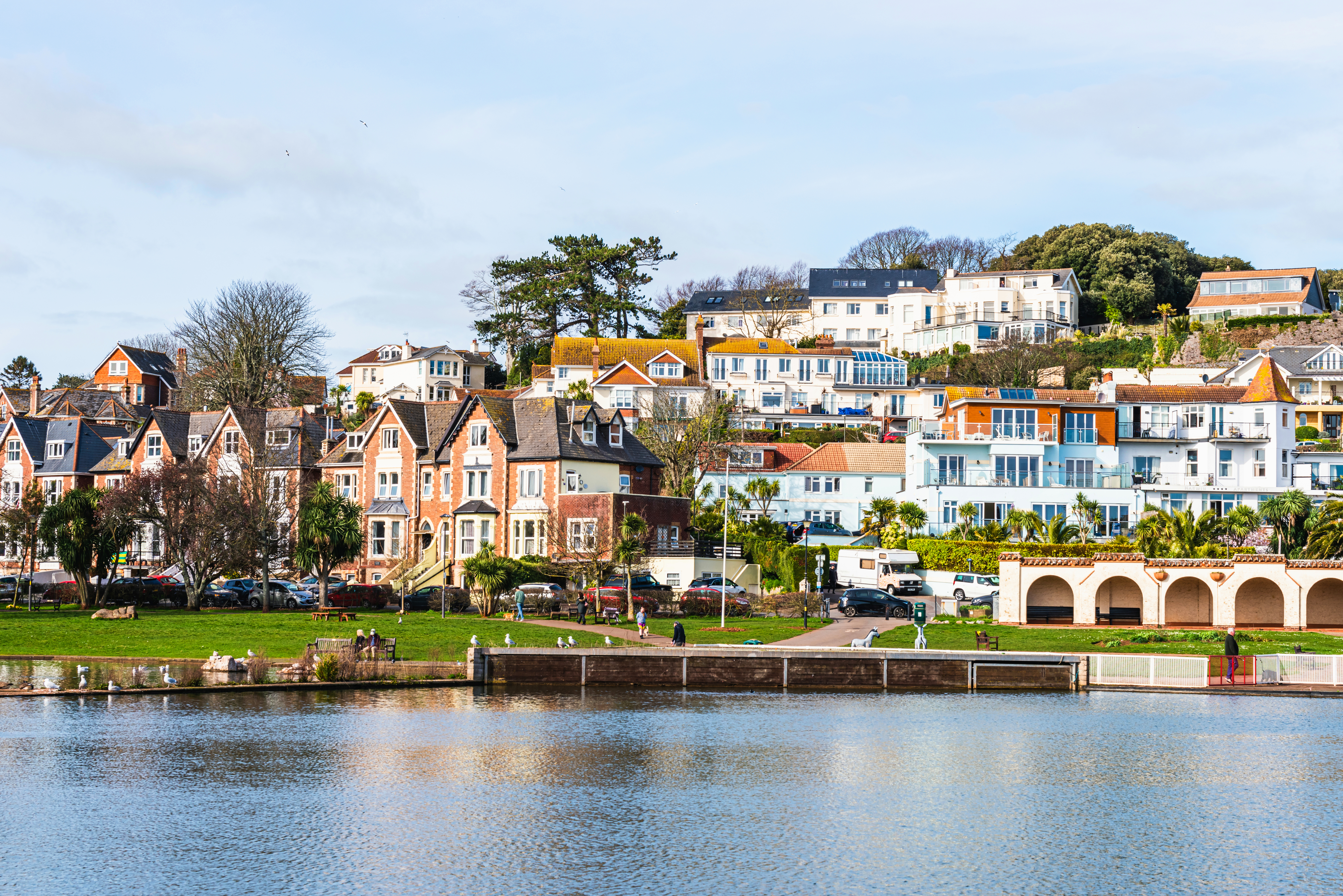 Traditional waterfront houses in Torquay city center, United Kingdom