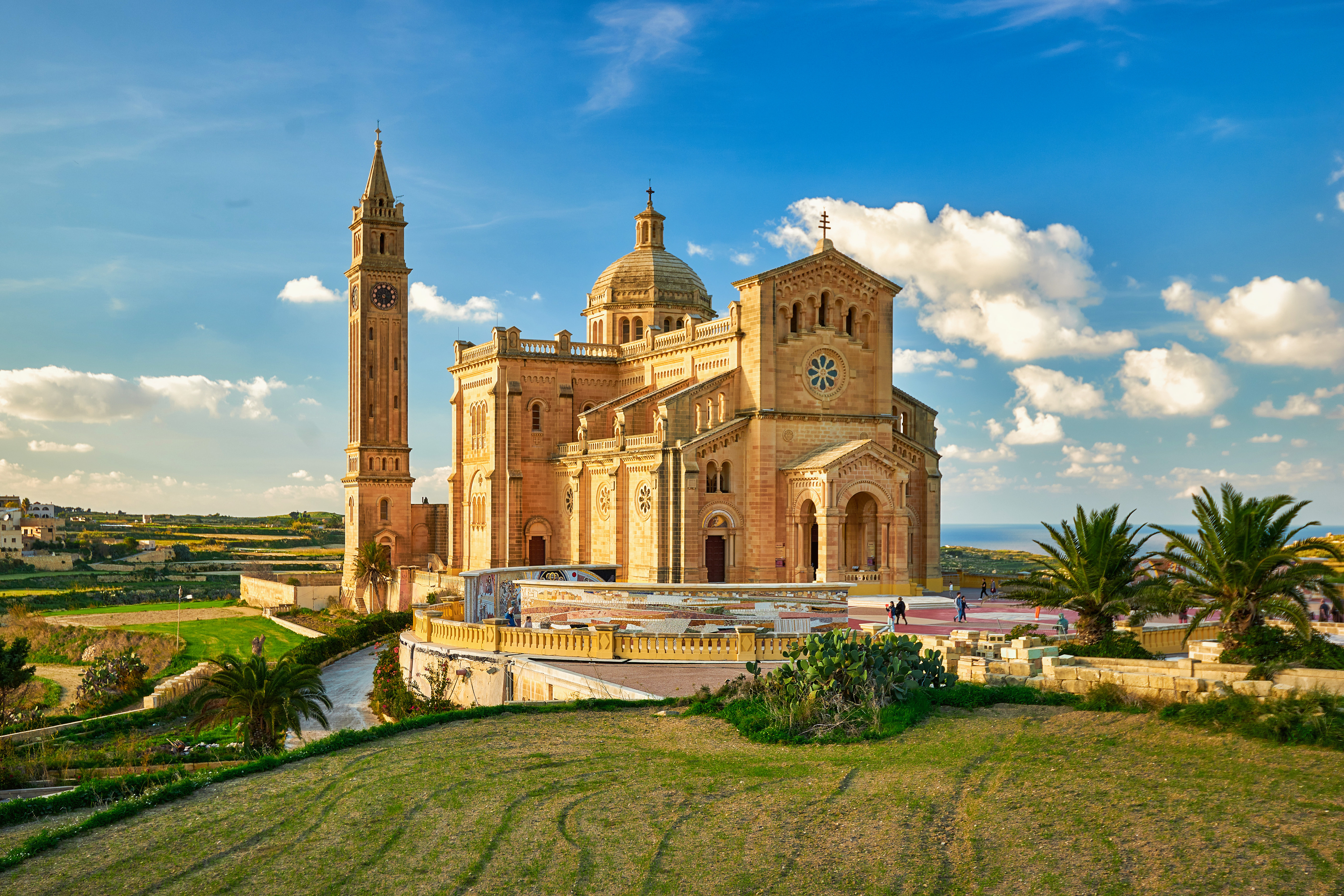 Church of Our Lady of Lourdes in Mgarr, Gozo, Malta with Gothic architecture overlooking Mgarr Harbour
