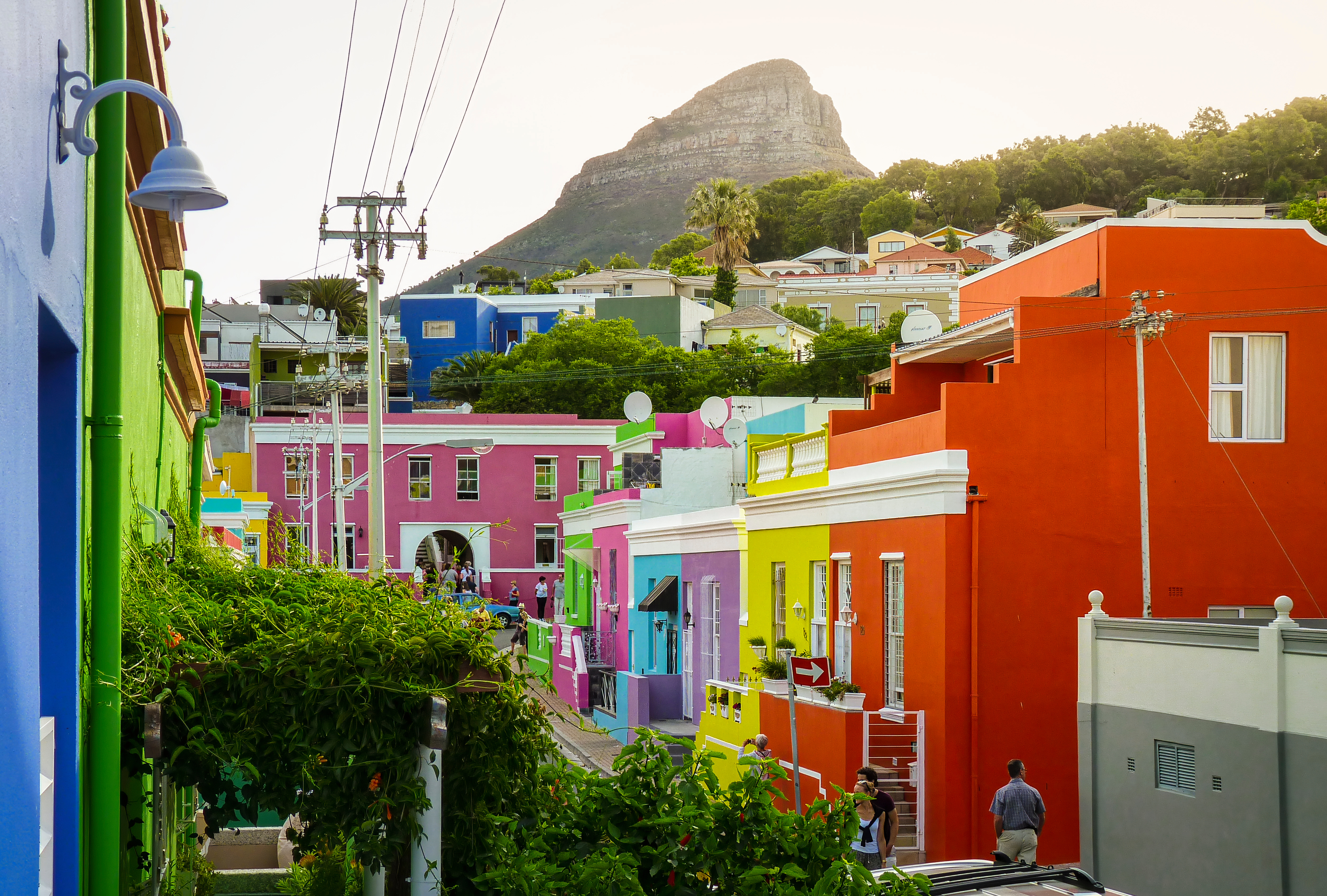 Colorful houses in Cape Town city center with Table Mountain in the background, South Africa