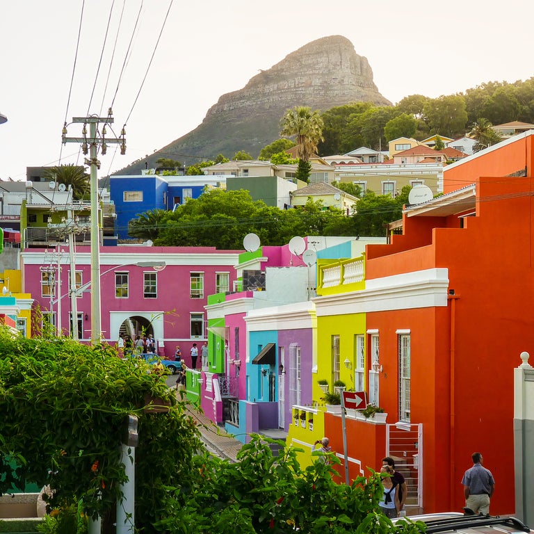 Colorful houses in Cape Town city center with Table Mountain in the background, South Africa