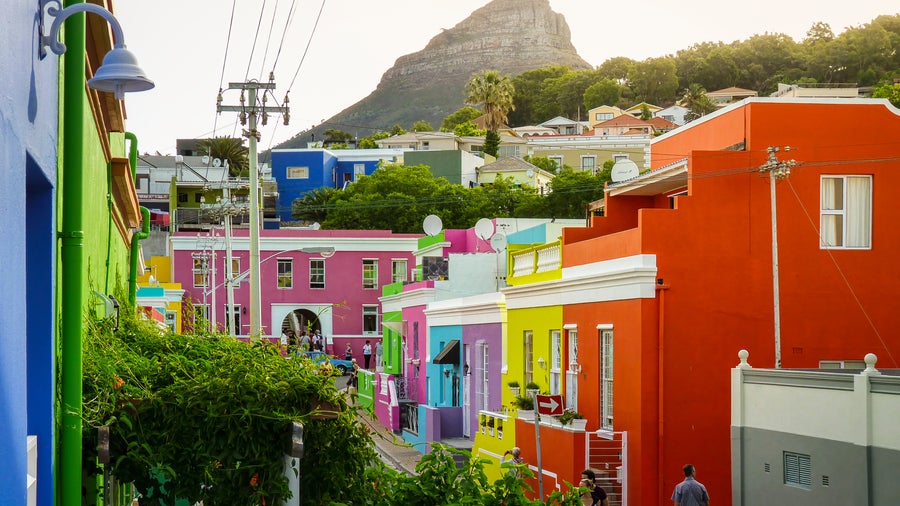 Colorful houses in Cape Town city center with Table Mountain in the background, South Africa